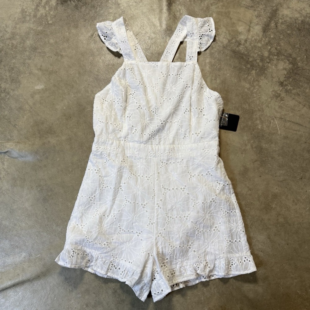 J.O.A Romper Womens Size L White Ruffle Shoulder‎ Floral Embroidered Eyelet